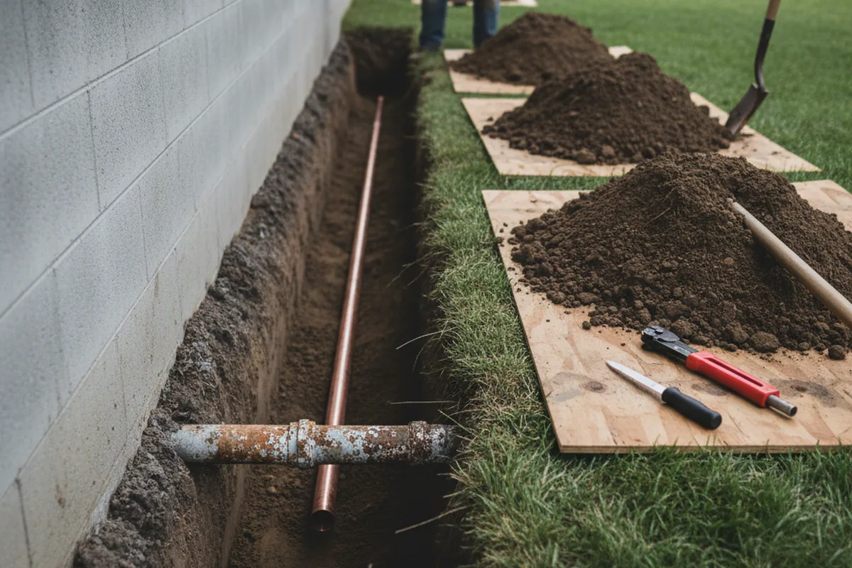 Excavated water line trench during Sewer Line Repair in Polkton